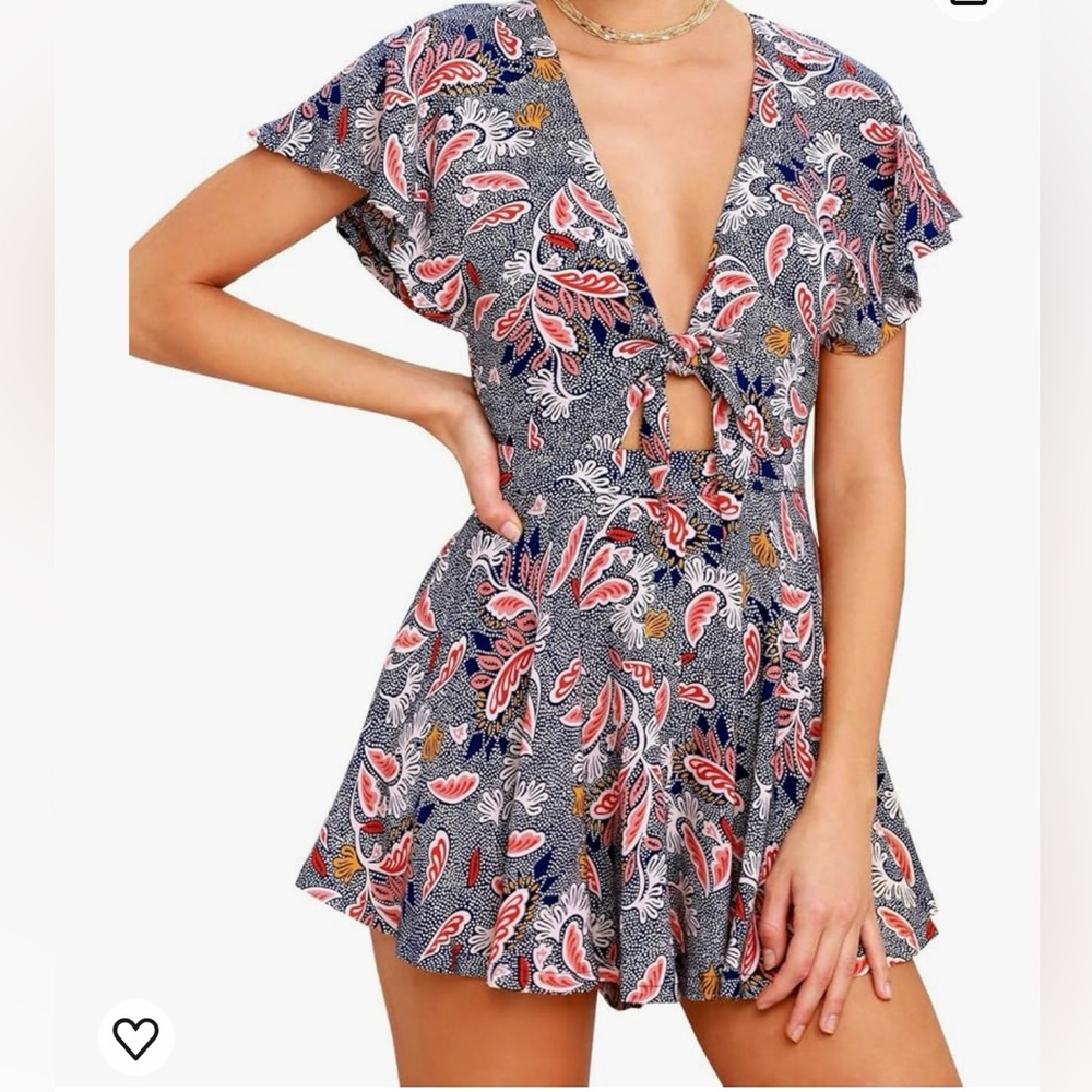 Women’s Sexy V Neck Self Tie Front Romper Short Jumpsuit Playsuit Mini Outfit